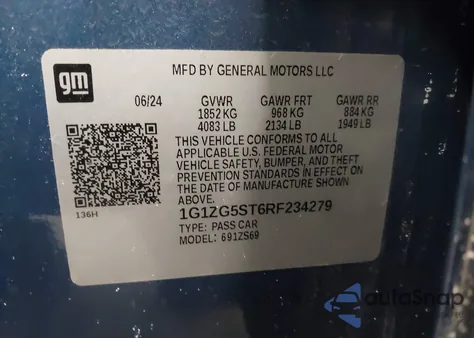 2024 Chevrolet Malibu Fwd Rs z USA, uszkodzony, nr VIN 1G1ZG5ST6RF234279